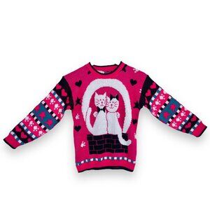 Vintage Pink Purple Kitty Cat + Hearts Pullover Knit Ugly Sweater Top 8 - 10